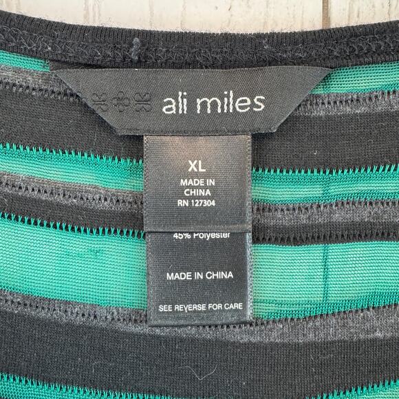Ali Miles Green Black Woven Striped Textured Mesh Long Sleeve Tunic Top Size XL - Picture 2 of 11